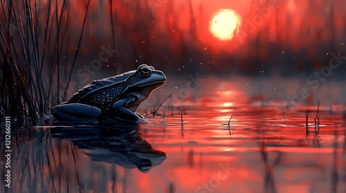 Frog Silhouette Sunset Reflected Pond image photo