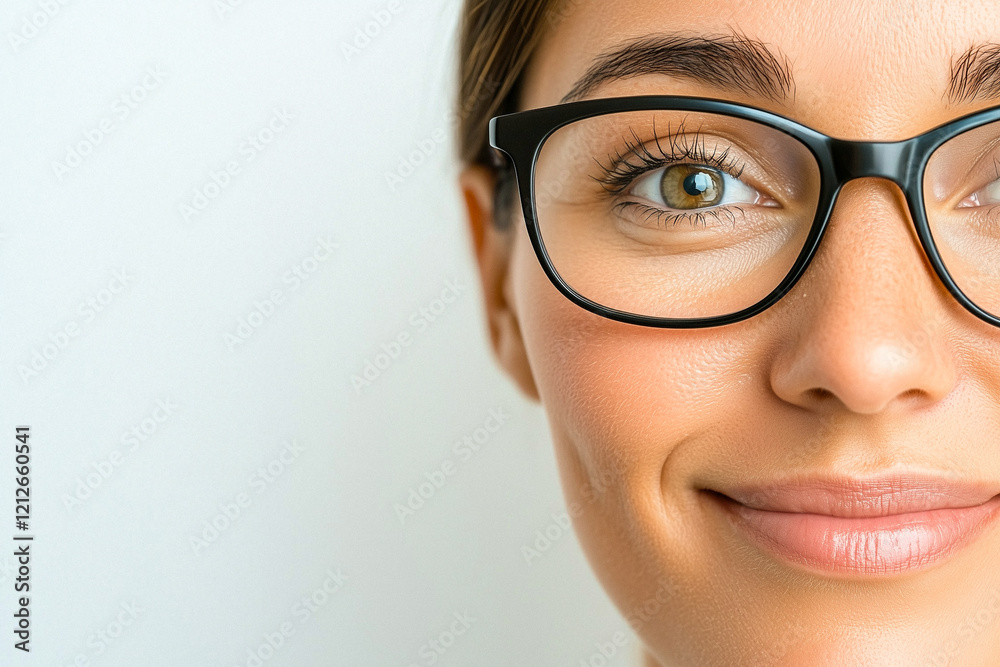 Close-up of Woman's Face Wearing Black Rectangular Eyeglasses Close-up of Woman's Face Wearing Black Rectangular Eyeglasses