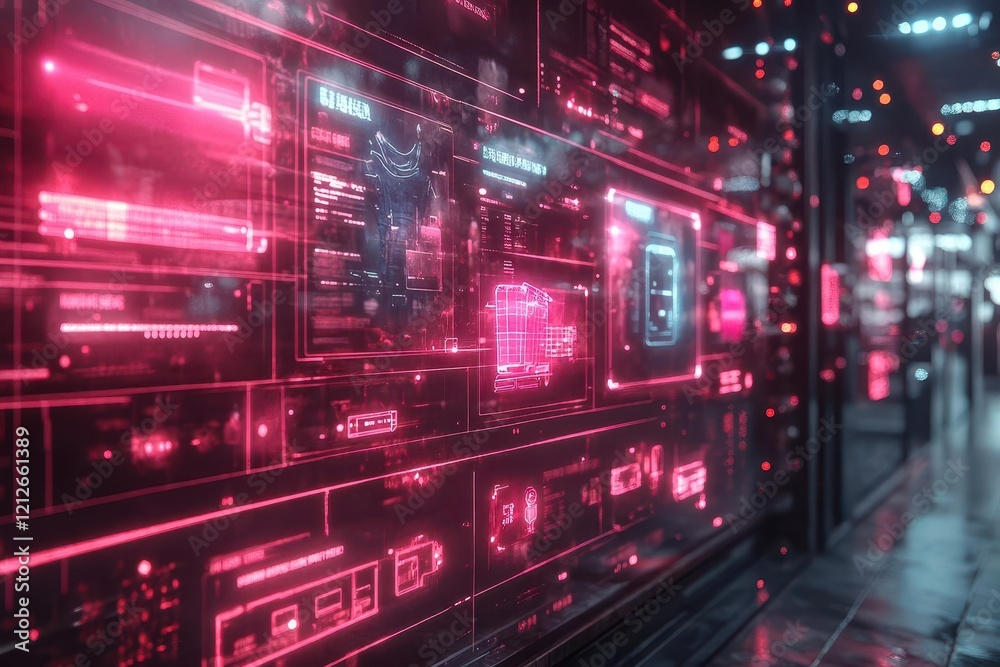 futuristic shopping interface with floating product holograms and virtual shopping cart, cyberpunk aesthetic futuristic shopping interface with floating product holograms and virtual shopping cart, cyberpunk aesthetic