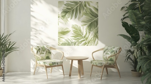 Tranquil Room Decor Featuring Tropical Leaf Pattern Chairs And Artwork