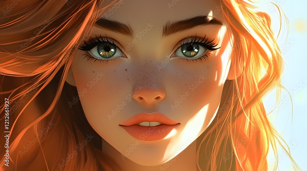 Obraz premium A Portrait of a Young Woman with Red Hair and Freckles