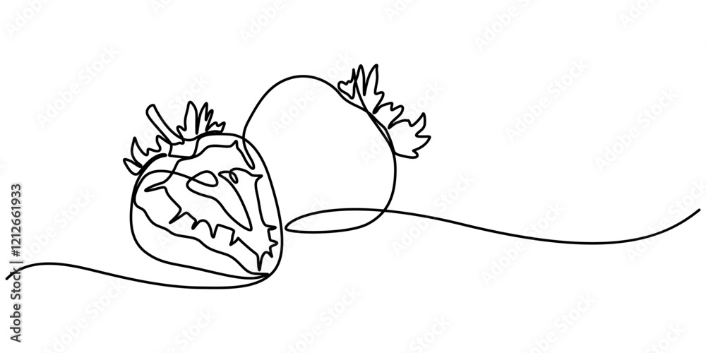 Fototapeta Vector illustration with continuous line drawing Strawberries, Single continuous line drawing of organic strawberry for fruit icon fresh berries fruitage concept, Organic Strawberry One Line Drawing