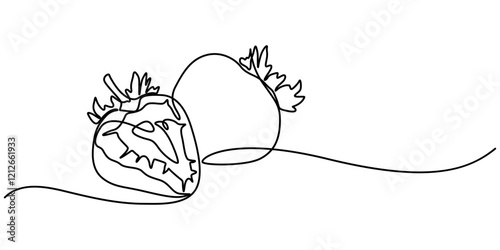 Vector illustration with continuous line drawing Strawberries, Single continuous line drawing of organic strawberry for fruit icon fresh berries fruitage concept, Organic Strawberry One Line Drawing. 