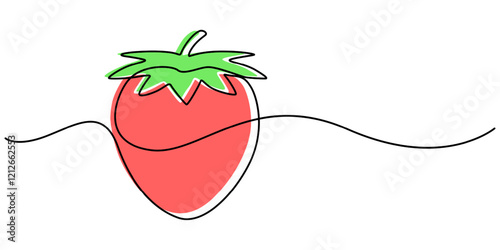 Vector illustration with continuous line drawing Strawberries, Single continuous line drawing of organic strawberry for fruit icon fresh berries fruitage concept, Organic Strawberry One Line Drawing. 