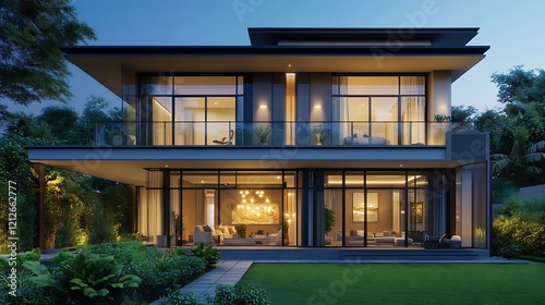 Two Story Modern Villa with Balcony and Elegant Interior Lighting