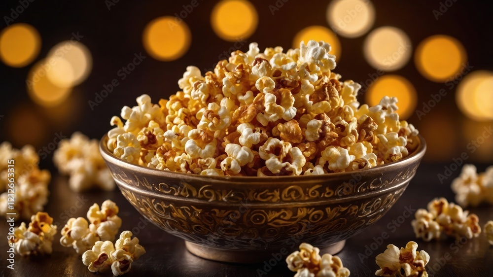 A bowl of popcorn surrounded by scattered pieces, set against a blurred, warm background. A bowl of popcorn surrounded by scattered pieces, set against a blurred, warm background.