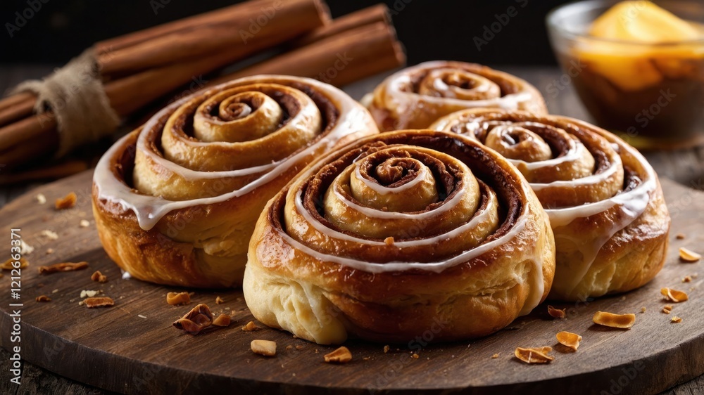 Freshly baked cinnamon rolls with icing on a wooden board, perfect for breakfast or dessert. Freshly baked cinnamon rolls with icing on a wooden board, perfect for breakfast or dessert.