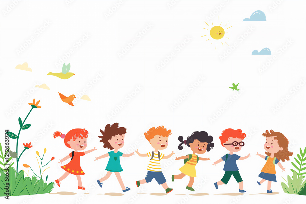 Happy children holding hands and running together in a nature setting, illustrated in a colorful and playful style Happy children holding hands and running together in a nature setting, illustrated in a colorful and playful style