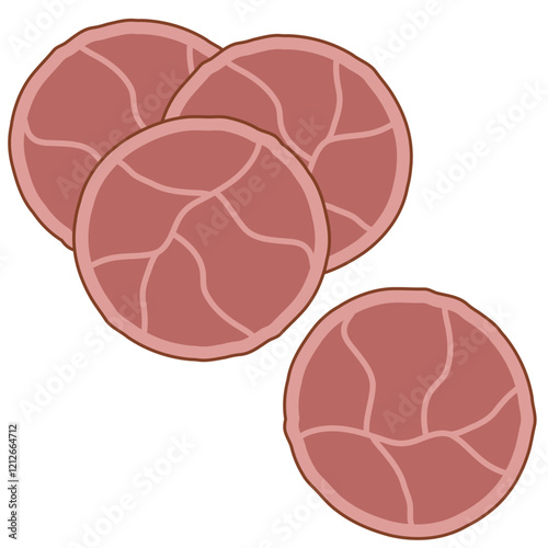 Sliced boiled ham sausage top view.