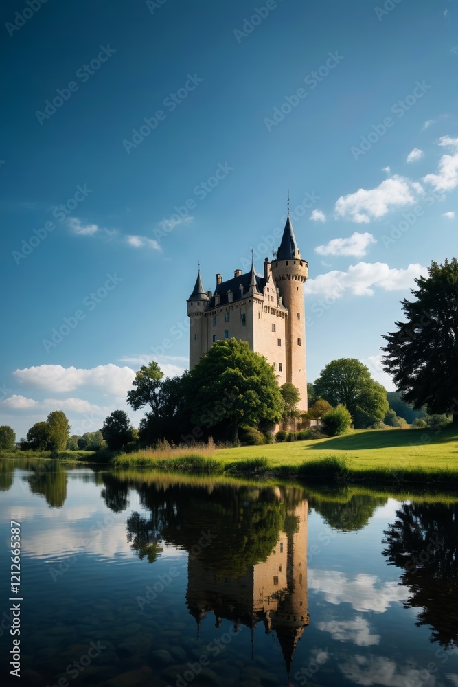 arafed castle with a moat and a reflection in the water arafed castle with a moat and a reflection in the water