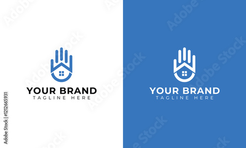 Abstract house hands logo design template. Premium real estate sign. Universal protection care home realty business vector icon. Negative space idea logotype