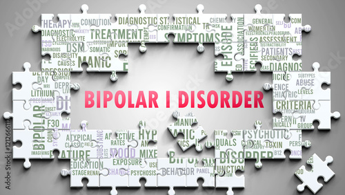 Bipolar I Disorder as a complex subject, related to important topics. Pictured as a puzzle and a word cloud made of most important ideas and phrases related to bipolar i disorder. ,3d illustration photo