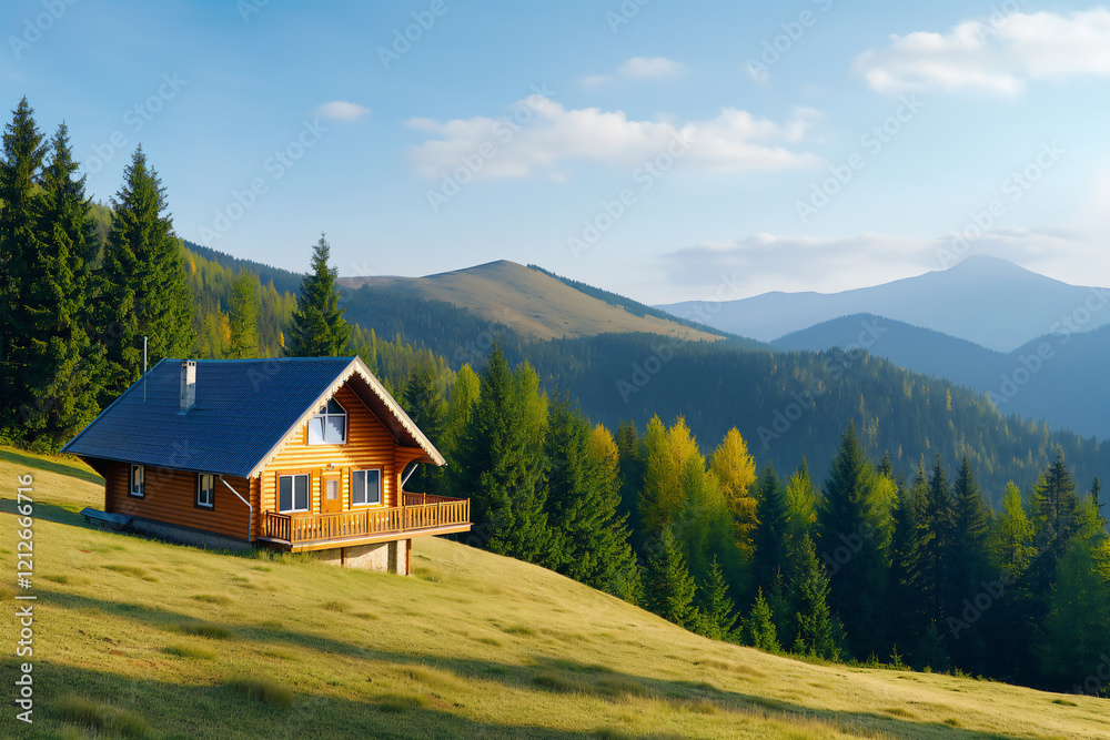 Cozy wooden cabin on a green hillside surrounded by pine trees, with scenic mountain views under a clear blue sky. Copy space Cozy wooden cabin on a green hillside surrounded by pine trees, with scenic mountain views under a clear blue sky. Copy space
