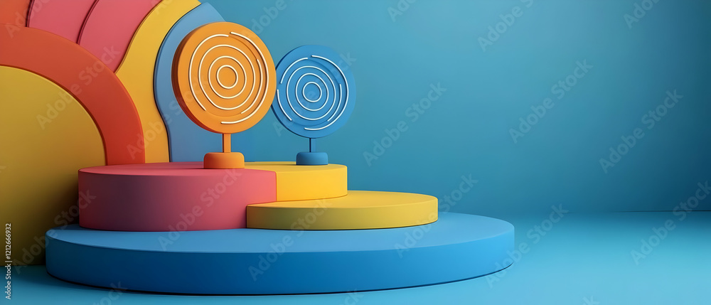 Obraz premium Colorful platforms, swirling objects, rainbow backdrop, product display