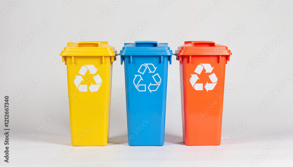 Colorful recycling bins promoting sustainable waste management, eco-consciousness Colorful recycling bins promoting sustainable waste management, eco-consciousness