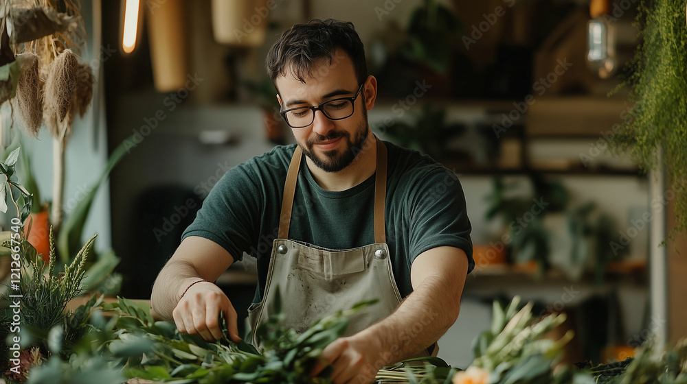A florist meticulously trims stems and leaves at a vibrant flower shop in the early morning light. Generative AI A florist meticulously trims stems and leaves at a vibrant flower shop in the early morning light. Generative AI