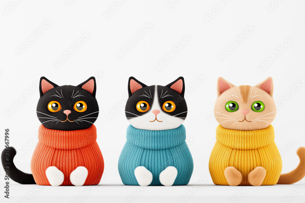 Fototapeta Three adorable cats with large eyes, wearing colorful knitted sweaters in orange, blue, and yellow, sitting side by side against a white background, exuding charm and cuteness