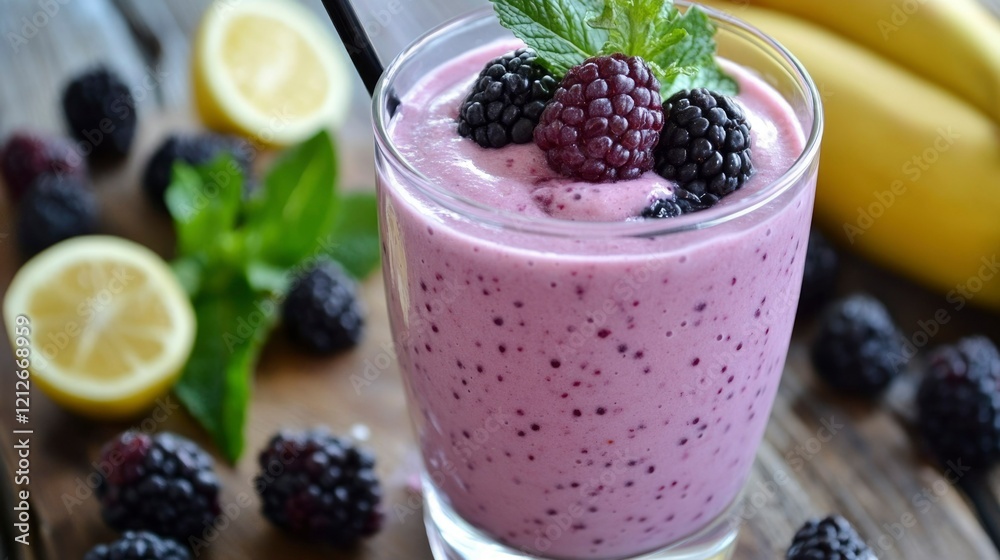 Delicious Blackberry Mint Smoothie with Lemon Garnish Delicious Blackberry Mint Smoothie with Lemon Garnish