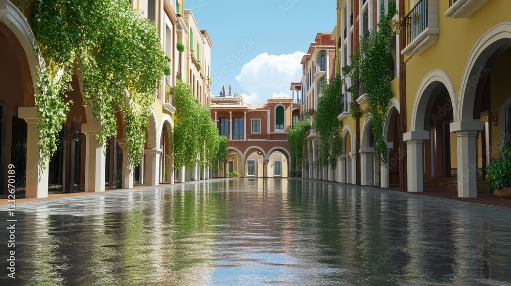 Fototapeta premium Mediterranean Street Scene With Reflective Water