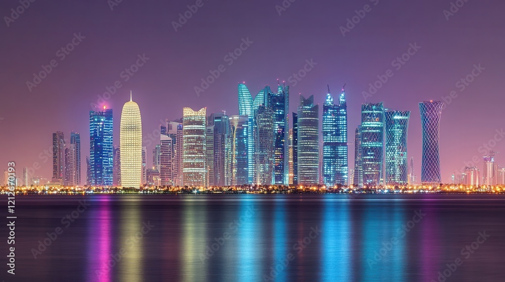 Naklejka premium Doha Skyline Illuminates Night Cityscape