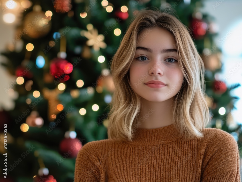 Model posing in front of Christmas tree Model posing in front of Christmas tree