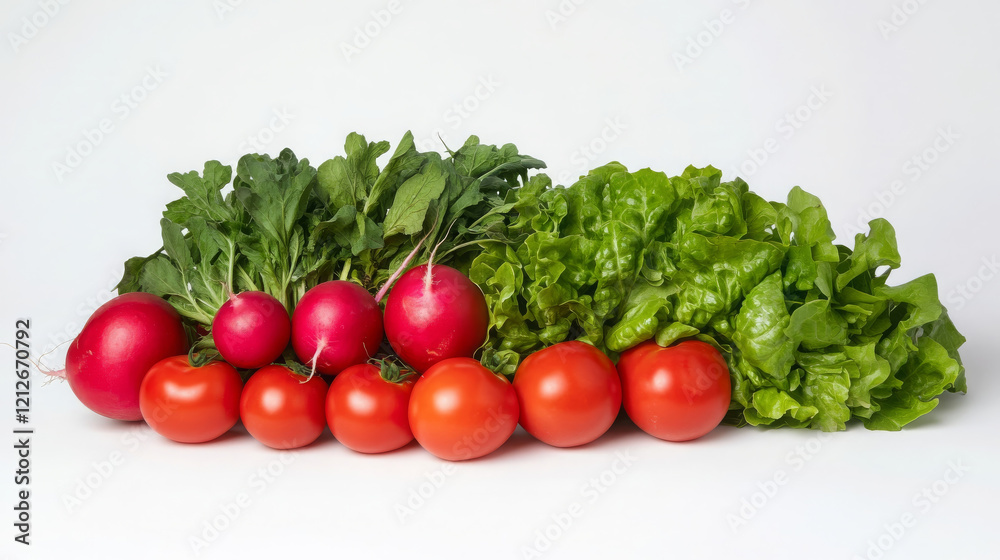 Fresh vegetables including radishes, tomatoes, and lettuce arranged neatly. This vibrant display showcases natural colors and textures of healthy produce, perfect for culinary inspiration Fresh vegetables including radishes, tomatoes, and lettuce arranged neatly. This vibrant display showcases natural colors and textures of healthy produce, perfect for culinary inspiration