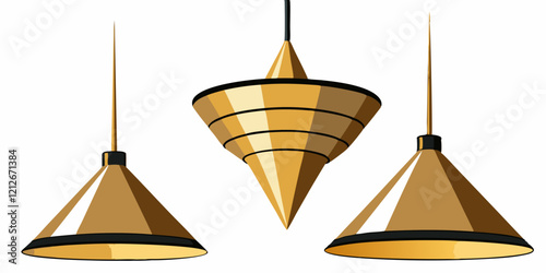 Elegant gold cone-shaped pendant lamps with a modern design, featuring sleek black cords and luxurious metallic finish. Perfect for stylish interior lighting. Isolated on white background.