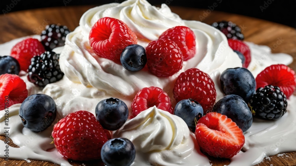 A delicious dessert featuring whipped cream and assorted berries.
