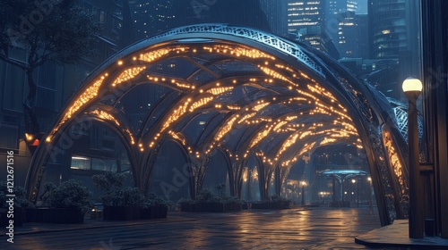 Illuminated Futuristic Cityscape Passageway Rain photo