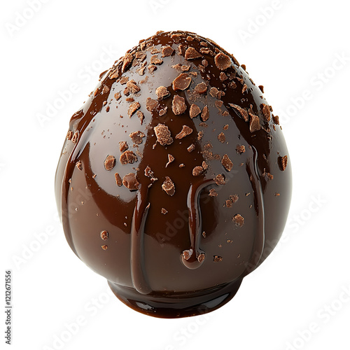 A glossy chocolate egg drizzled with melted chocolate and sprinkled with chocolate shavings, isolated on a white background, transparent background photo