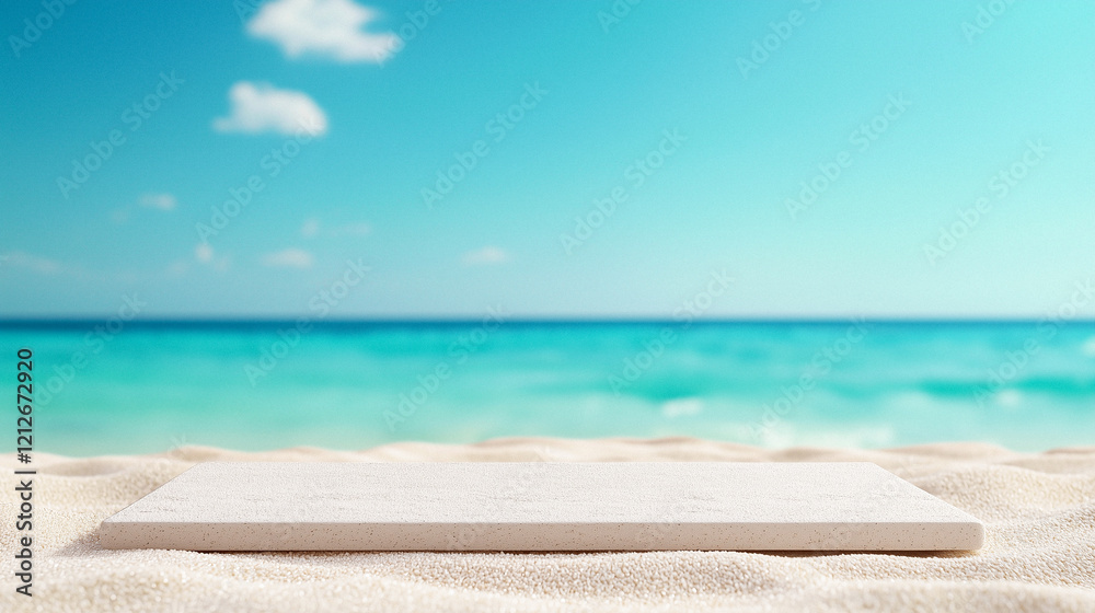 Off-White Platform on Sandy Beach with Ocean Background Off-White Platform on Sandy Beach with Ocean Background