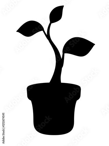 Sprout. Plant in flowerpots - black vector silhouette for pictogram or logo. Home plant sign or icon. Gardening - seedlings in a flower pot.	