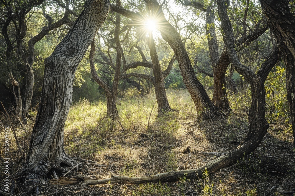 Sunlit Twisted Trees, Forest, Nature, Dawn, Peaceful Background, Serenity Sunlit Twisted Trees, Forest, Nature, Dawn, Peaceful Background, Serenity