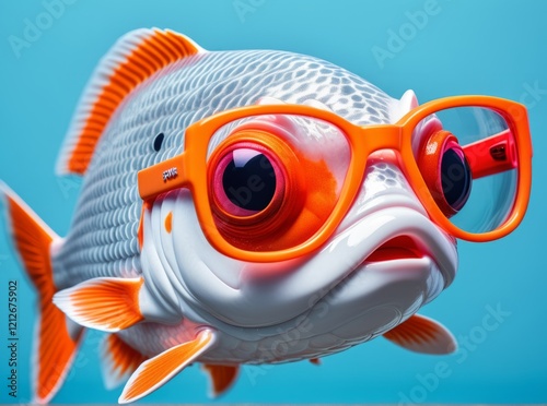 Colorful fish wearing oversized orange glasses swimming in a vibrant aquarium setting with bright blue background photo