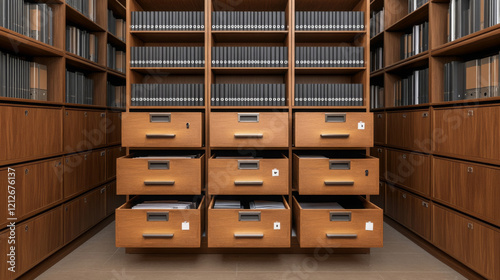 well organized filing cabinet with multiple drawers, showcasing neat folders and documents, ideal for efficient office storage and management photo