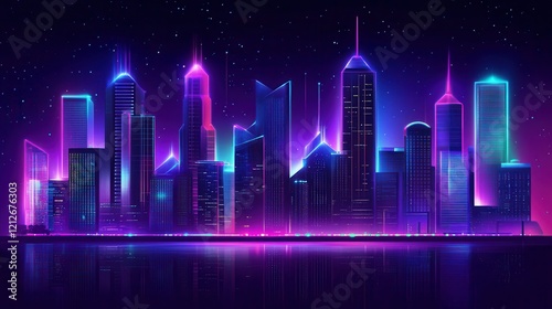 Neon Cityscape at Night Reflecting in Water