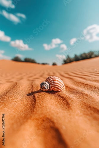 A beautiful seashell rests on sunlit sand, with a clear blue sky and gentle clouds creating a serene desert landscape.