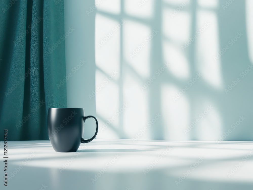 A minimalist scene featuring a black mug casting shadows on a bright surface, complemented by soft green curtains. A minimalist scene featuring a black mug casting shadows on a bright surface, complemented by soft green curtains.