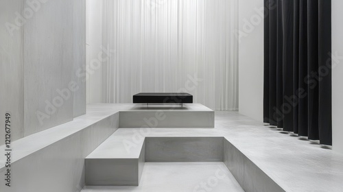 Minimalist Interior Design Featuring Black Bench and Grey Platforms