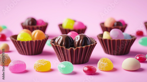 Milk chocolate candies in shell with jelly sugar gums and liquorice allsorts and fruit sherbet candies against a pastel colored background