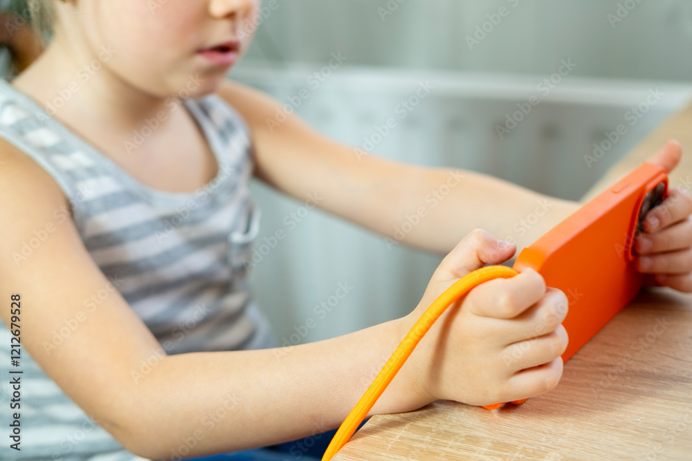 Preschool girl sitting table, engrossed in phone for extended period, potential dangers excessive screen time, need for parental guidance Preschool girl sitting table, engrossed in phone for extended period, potential dangers excessive screen time, need for parental guidance
