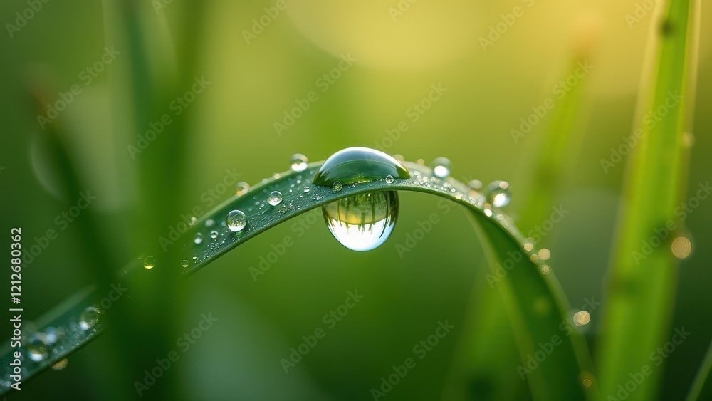 Close-up of grass blades with dew drops in morning sunlight Close-up of grass blades with dew drops in morning sunlight