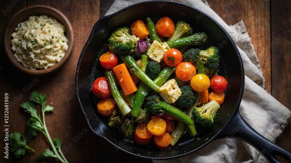 A vibrant vegetable stir-fry in a skillet, served with a creamy dip on the side. A vibrant vegetable stir-fry in a skillet, served with a creamy dip on the side.