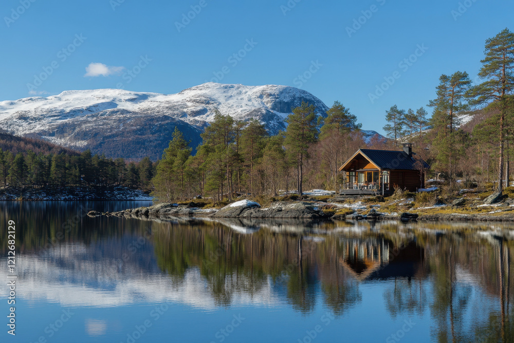 Fototapeta premium Tranquil Lake and Mountain Cabin in Idyllic Scenery