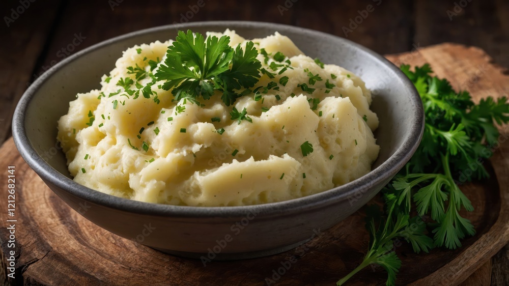 A bowl of creamy mashed potatoes garnished with herbs, served on a wooden surface. A bowl of creamy mashed potatoes garnished with herbs, served on a wooden surface.