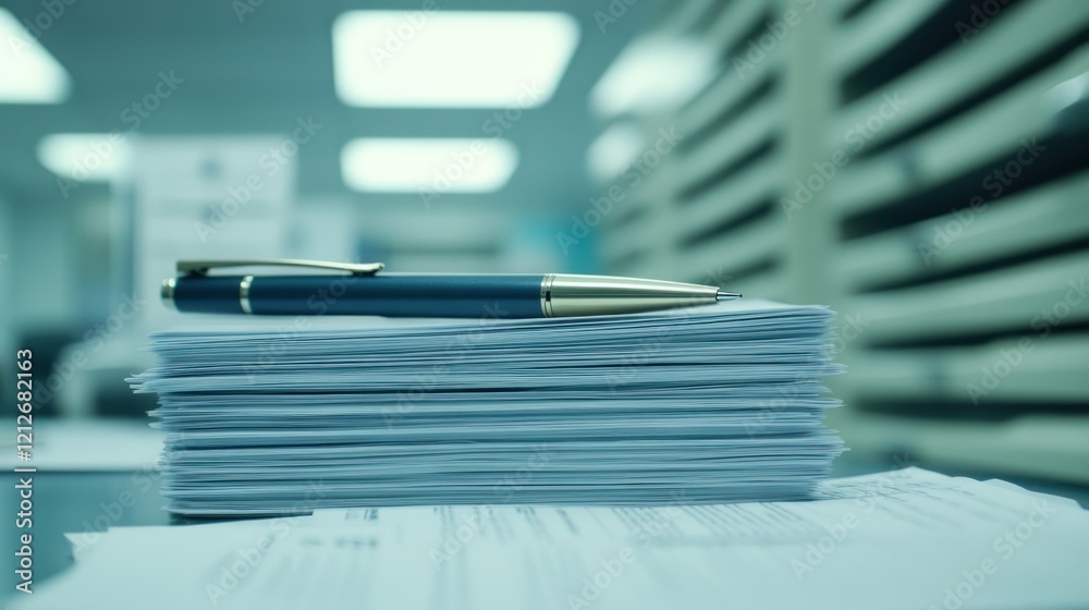 Pen resting atop a large stack of documents Pen resting atop a large stack of documents