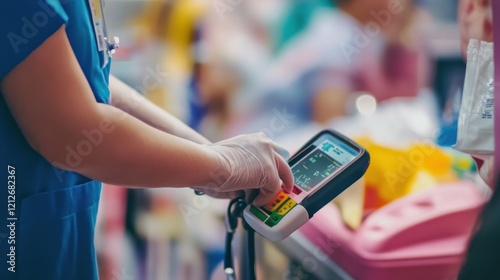 Nurse using a medical device during patient care photo