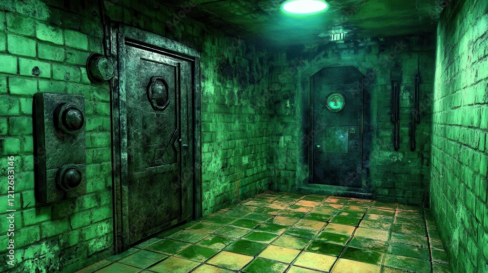 Obraz premium Green Brick Corridor With Metal Doors And Controls
