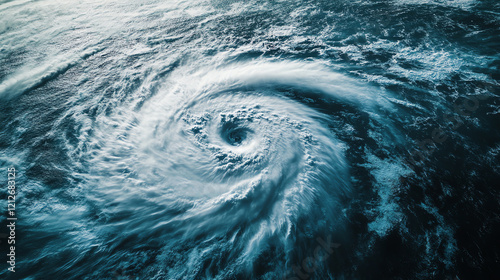 A powerful hurricane captured from above, showcasing swirling clouds and intense weather patterns in the ocean.
