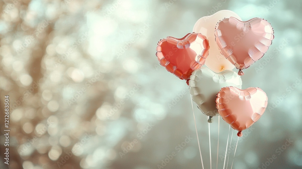 Obraz premium Colorful Heart-Shaped Balloons Floating in Soft Dreamy Background